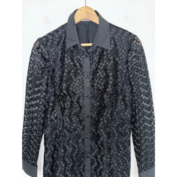 LELA ROSE black cotton lace longline peplum button front asymmetrical blouse top - Picture 5 of 14